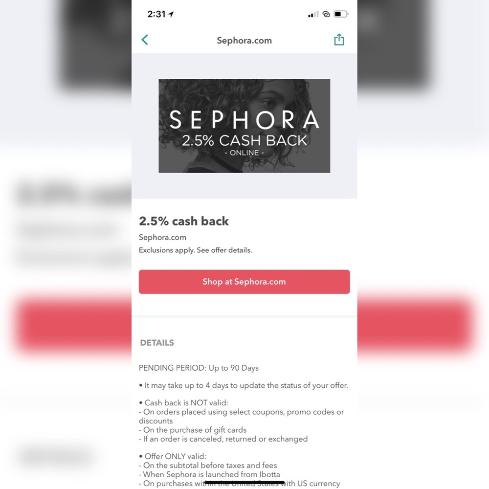 2.5% cash back on all purchases made at Sephora